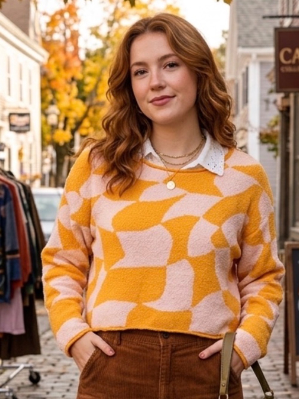 Promesa Nice Move Abstract Checkerboard Cropped Sweater Orange Pink S